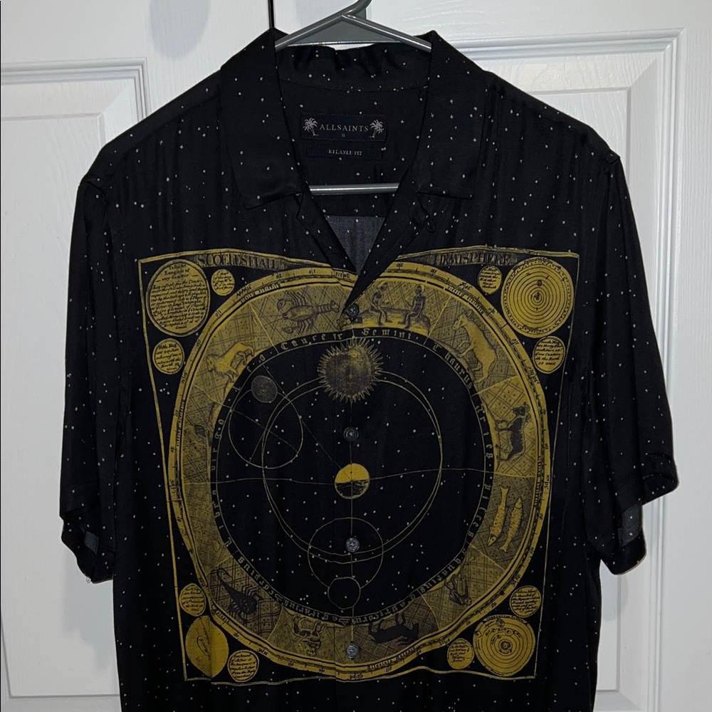 All Saints Silk Shirt with Gold Zodiac Celestial Design